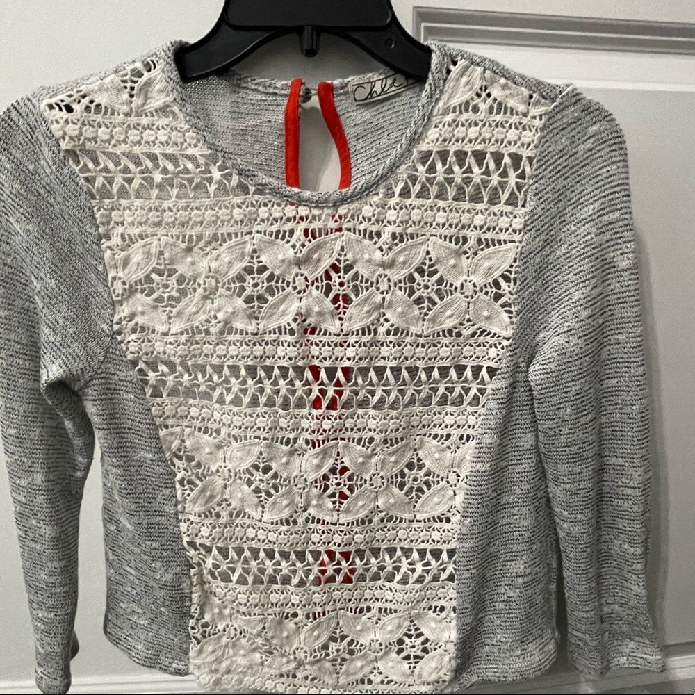 Chloe K Crochet 3/4 Sleeve Knit Top Button down back